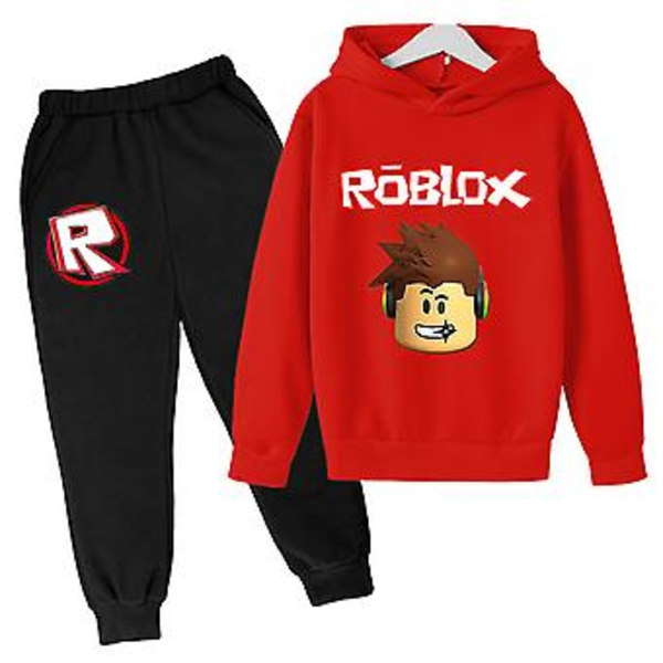 Lasten poikien ja tyttöjen urheiluasusetti Roblox Pitkähihainen Huppari Pusero Housut Asut (11-12 vuotta Punainen)