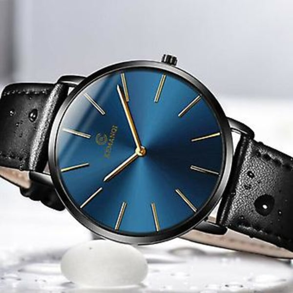 Herre Trendy Ultratynd Minimalistisk Ur Slank Læderrem Rustfrit Stål Quartz (Sort Blå)