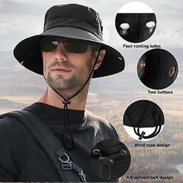 Bredskygget Solhat Åndbar Bucket Hat Sommer Fiskeri UV Beskyttelse Mænd Kvinder (Sort)