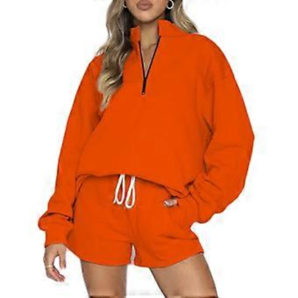 Naisten Oversized 2-osainen oleskelusetti, pitkähihainen vetoketjullinen pystykaulus huppari, collegepaita, shortsit, asu, verryttelypuku, oranssinpunainen S (S oranssinpunainen)