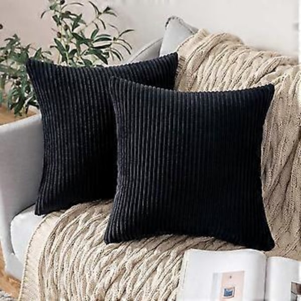 Pakke med 2 Corduroy Myke Solide Dekorative Firkantede Puter Trekk Putetrekk for Sofa Stue Soverom Bil 26 x 26 Tommer Svart