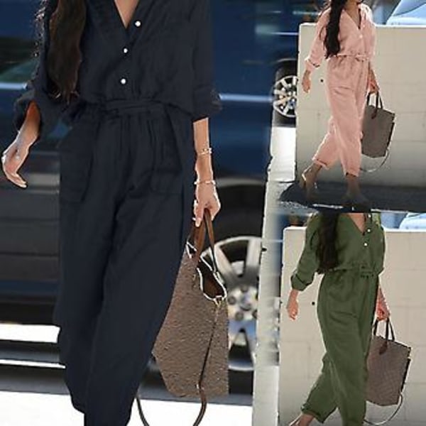 V-ringad Jumpsuit med Knappar och Bälte för Kvinnor, Casual 3/4 Ärmar, Enfärgad Cargo Jumpsuit, Damkläder (4XL Rosa)