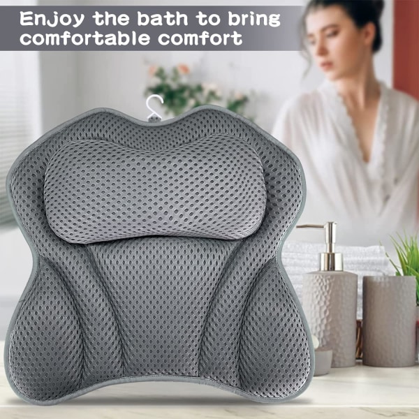 (Grey)​Bath Cushions, 4D Bathtub Cushion with 6 Non-Slip and Powerful Suction Cups for Spa Pillow, J