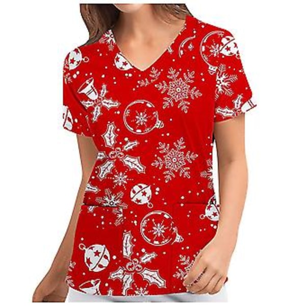 Jule-Sygeplejerske Uniform Scrub Kortærmet T-shirt Jule-Blouse Tee Tops V-Hals (XL Mørkerød)