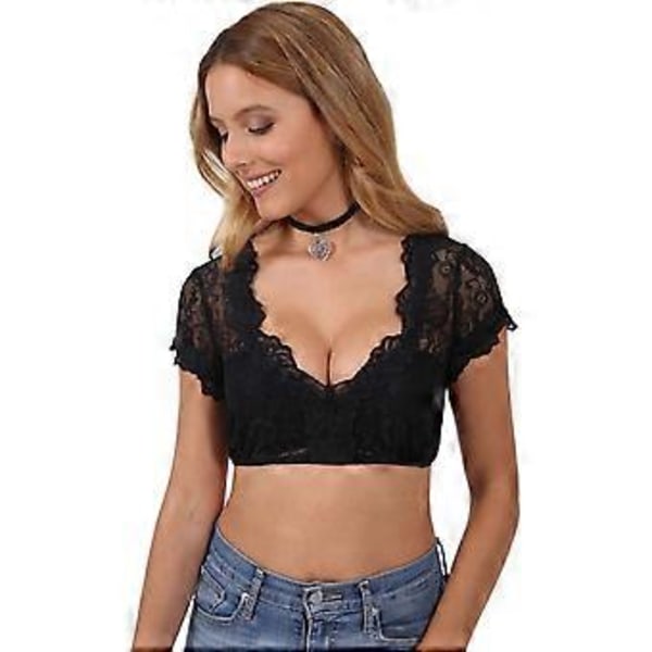 Dirndl-blus för kvinnor, djup V-ringning, halvärmad, spetsad, kort topp, Oktoberfest-kostym (M Vit)