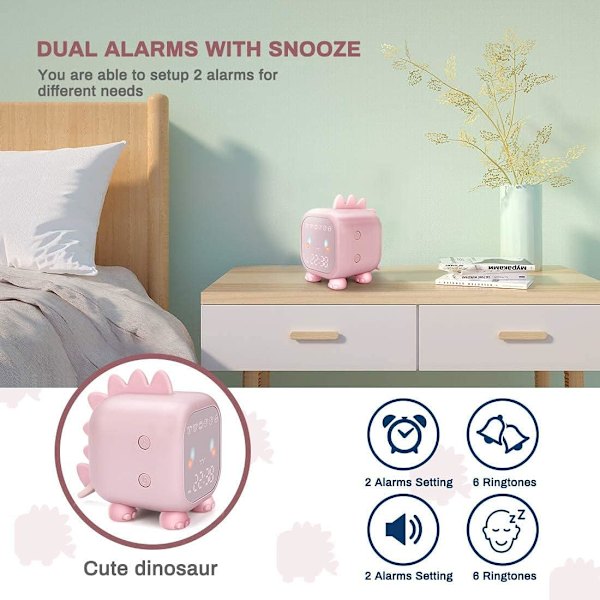 (Pinkki) Söpö lasten herätyskello, monitoiminen säädettävä yövalo Countdown Snooze Voice Con