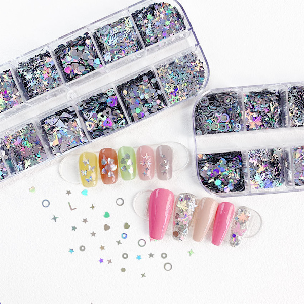 12 ruudukon laatikko laser hopea kynsi glitter, vaahteranlehti tähti sydän DIY