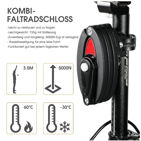 Sammenfoldelig cykellås med holder, 4-cifret kombinationslås, 85 cm lang