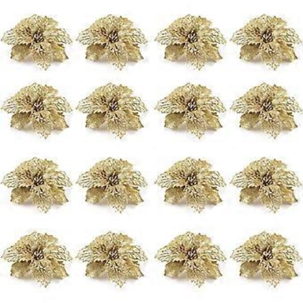 16 stk. Glitter Blomst Juletrepynt Blomster Trepynt Juledekor Gull