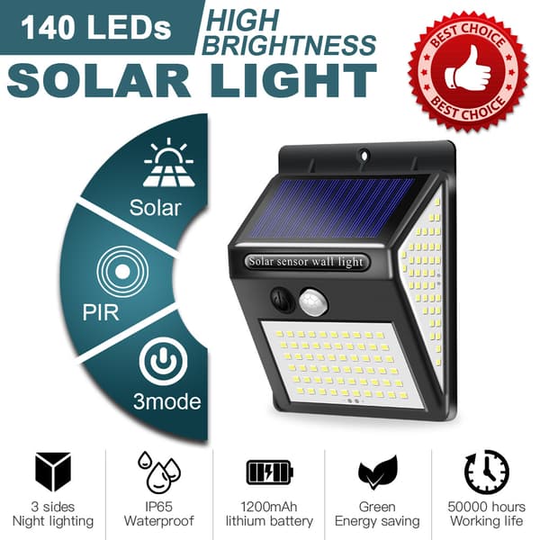 1 stk bevegelsessensor solcellelys utendørs【140 LED】, 3 moduser kraftig