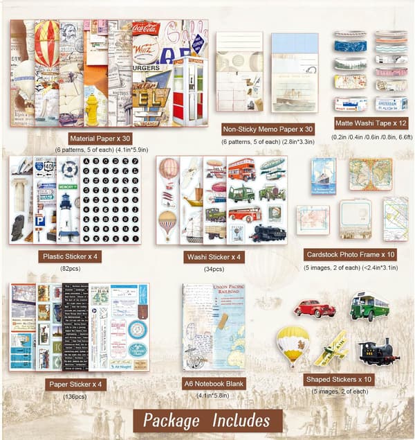 Rejse Scrapbooking Sæt, Journaling Tilbehør, Junk Journal Kit med Washi Tape, Stickers, A6 Note