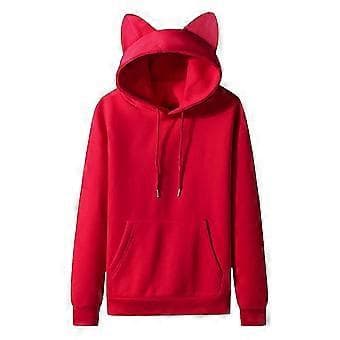 Herre Casual Solid Pullover Hettegenser med Katteører, Fleece og Lomme (S Rød)