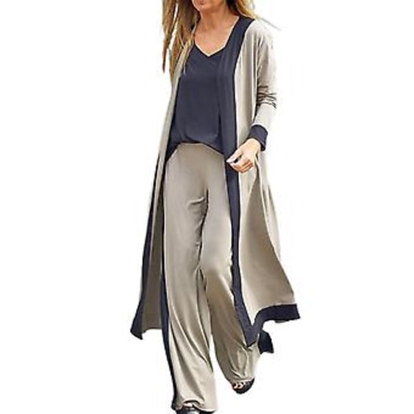 Fianao 1-set Cardigan, Camisole och Byxor med Färgblock, Vidskaftade Ben, Elegant, Långärmad, Midjehöjd, Outfit (2XL Khaki)