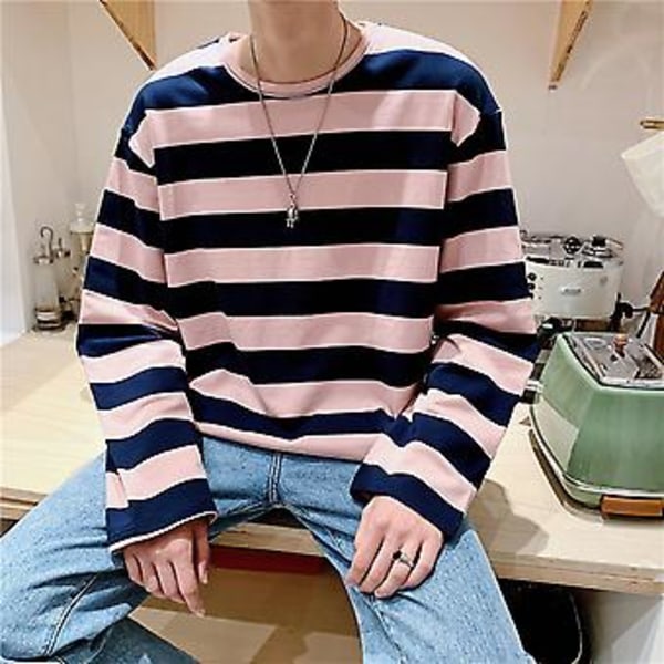 Mænds Stribet Sweatshirt Rundhals Langærmet Casual Løstsiddende Mode Top til Ungdomsmænd Tilbehør (2XL Pink)