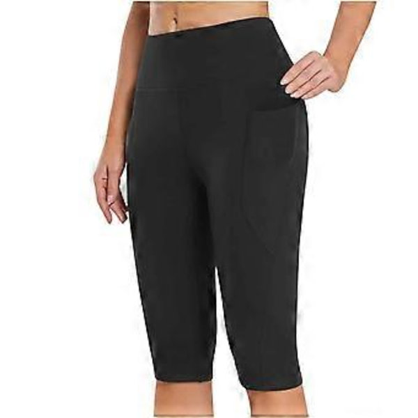 Naisten korkeavyötäröiset joogacapritaskuhousut, vatsaa tukevat, läpinäkymättömät treeniurheilucaprit juoksuleggingsit Musta XL (XL Musta)