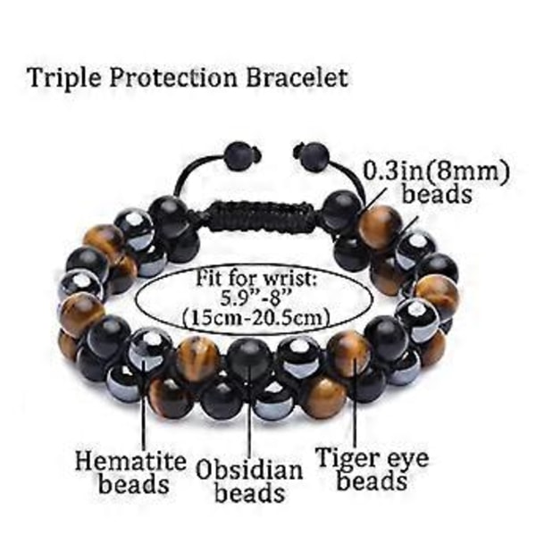 Pxcl Trippel Skyddsarmband, Äkta Tigeröga Svart Obsidian Och Hematit 8mm Pärlarmband För Män Kvinnor, Kristall Smycken Stenarmband Brin