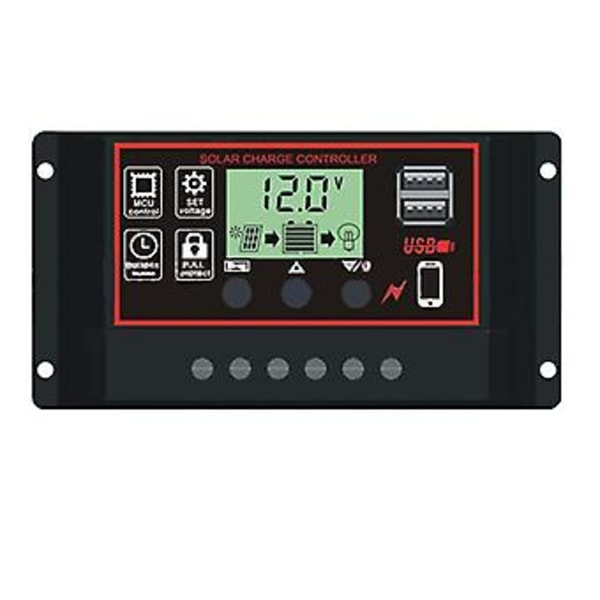 60A/50A/40A/30A/20A/10A Solcelleladningsregulator Automatisk PWM-regulatorer LCD-display Dobbelt USB-udgang (Sort)