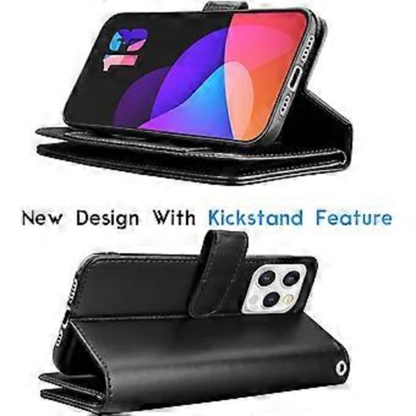 Pengepung til iPhone 13 Pro Max (6,7 tommer) 2021 Luksus ID Kontanter Kreditkort Slots Holder Bærende Pose Folio Flip PU Læder - Sort