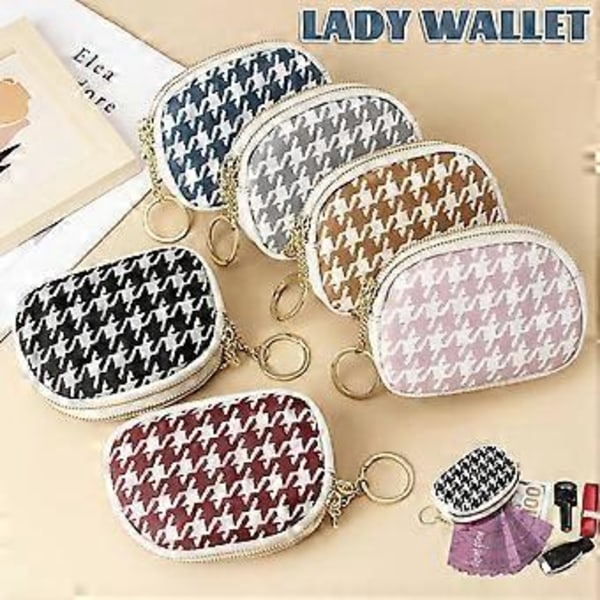 Mini Silm Visitkortsplånbok Trendig Dubbel Dragkedja Houndstooth Mönster Läder Lämplig för Tjejer (Grå)