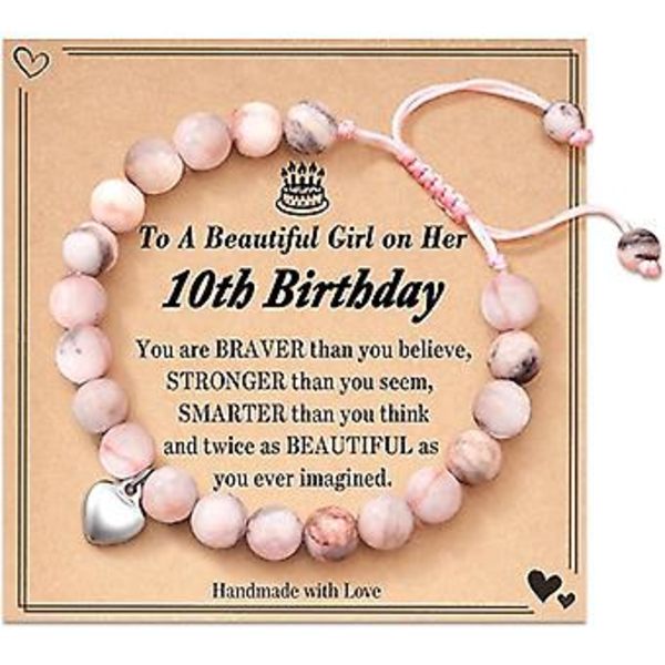 Fødselsdagsgaver til piger i alderen 4-21 år, pink Zebra naturstenarmbånd med sødt hjertevedhæng og lykønskningskort til datter/granddatter/niecen 10 år