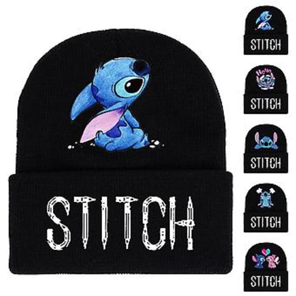 Unisex Lilo & Stitch Cartoon Tryckt Stickad Beanie med Kant Vintervarm Skidkeps( E)