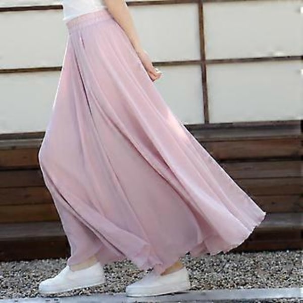 Vårskjørt Lagdelt Chiffon Lange Skjørt For Kvinner Elegant Casual Høy Midje Boho Strand Maxi Skjørt Saias Femme(L rosa)