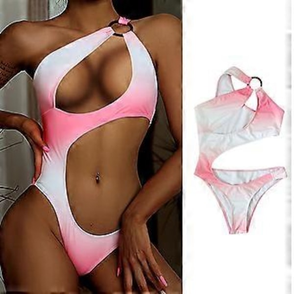 Udskåret badetøj i taljen, One Shoulder badedragt, Gradient Farve, High Leg Bikini, Sexet badetøj, Bikini, Hel Badedragt S(S )
