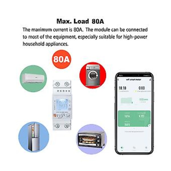 Tuya Wifi Toveisrettet Energimåler Enfase 80a Kwh Strømovervåking Wattmeter Voltmeter Ampermeter