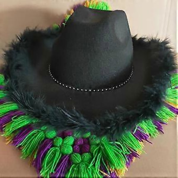 Furry Cowboy Hat med Fjer til Polterabend Disco Cowboy Hat Disco Hat til Skuespiller Skuespillerinde Natklub Bar Hvid (Hvid)