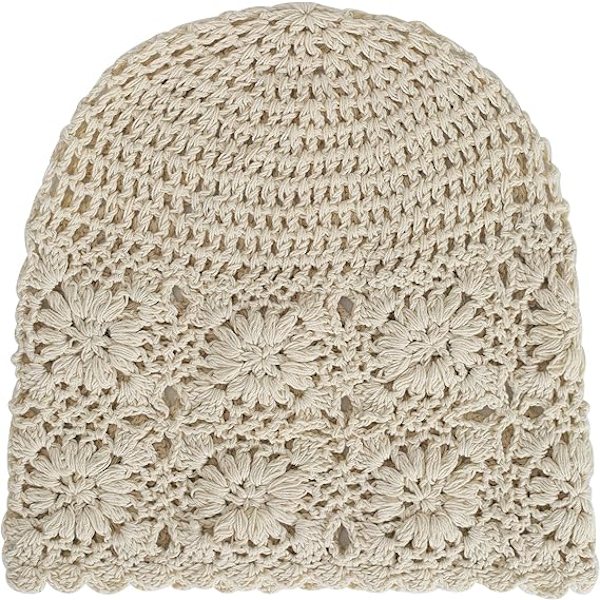 Solid Beige Dame Bomull Heklet Slouchy Lue Håndlaget Strikket
