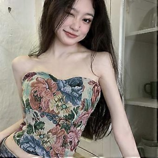 Dam Sommar Axelbandslös Ärmlös Omlott Bröst Tubtopp Vintage Blomstertryck Elastisk Rynkad Rygg Åtsittande Bustiers Crop Top aprikos( aprikos)