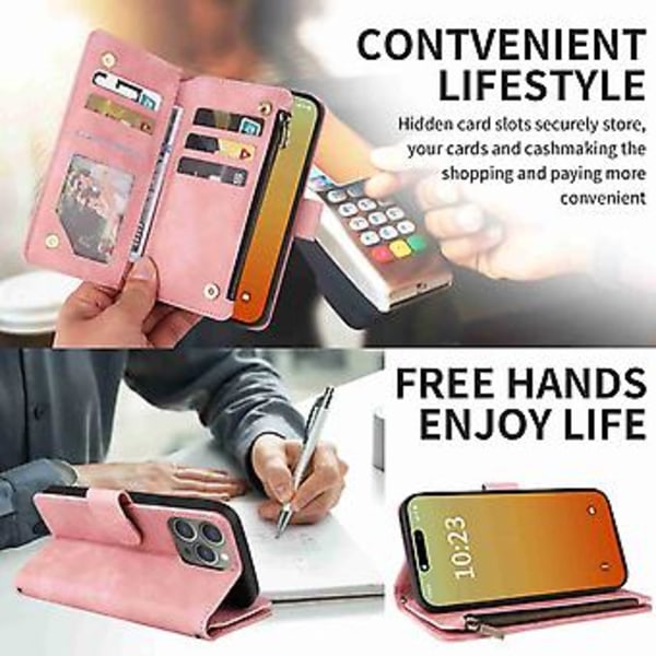 Plånboksfodral i läder med blixtlås för iPhone 15 Pro Max (Rosa)