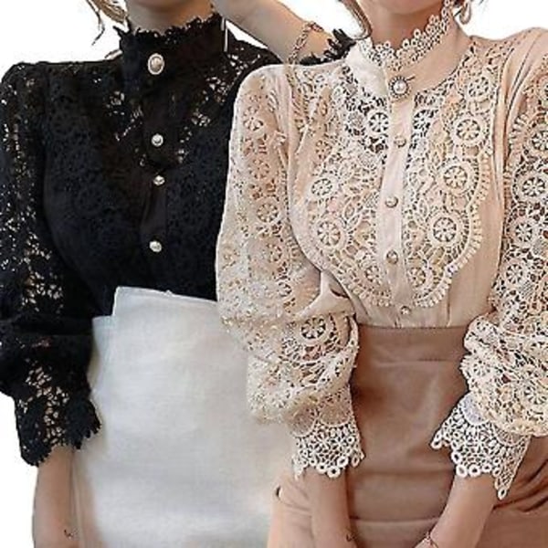 Langærmet Damebluse med Blonder, Fransk Bluser, Blomsterudskæring, Stående Krave (XL Hvid)