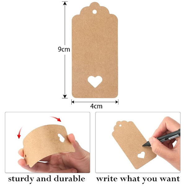 100 stk Kraft Papiretikett, Gaveetikett-4x9cm Kraft Etiketter Bryllupsetikett med