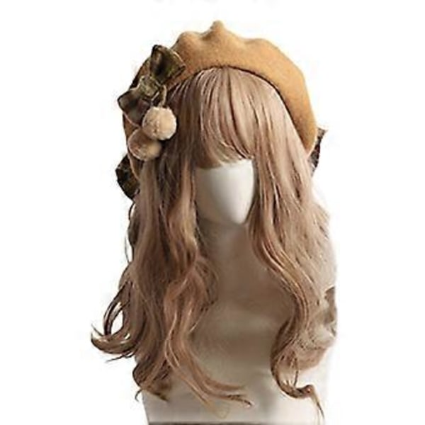 Retro Pompom Vinter Beret Hue Plaid Sløjfe Beret Hat Stor Sløjfe Britisk Vinter Uld Hat Retro Kunstner Maler Huer Camel (Camel)