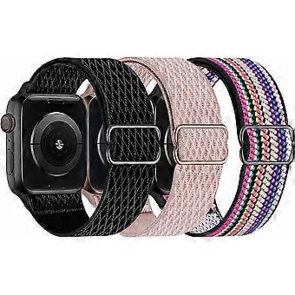 Joustavat Nylon Solo Loop -rannekkeet yhteensopivat Apple Watch 42mm/44mm/45mm:n kanssa, ranneke iWatch Series 7/6/5/4/3/2/1 SE:lle, 3 kpl Y 42 Musta/Vaaleanpunainen/Pride