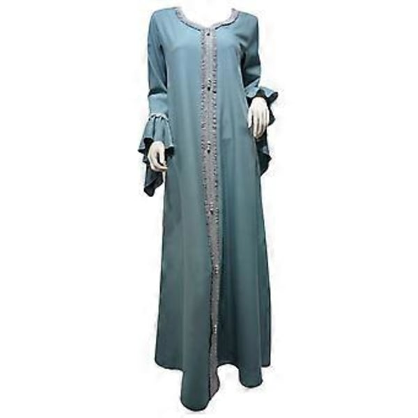 Lös Dubai Casual Kaftan Robe Broderad Muslimsk Klänning Abaya för Kvinnor (M Ljusblå)