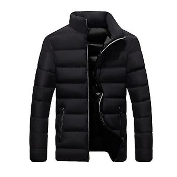 Herre Parkas Ensfarget Vattert Stående Krage Lang Erme Løstsittende Tykk Høst Vinter Glidelås Lommer Jakke Streetwear (M Svart)