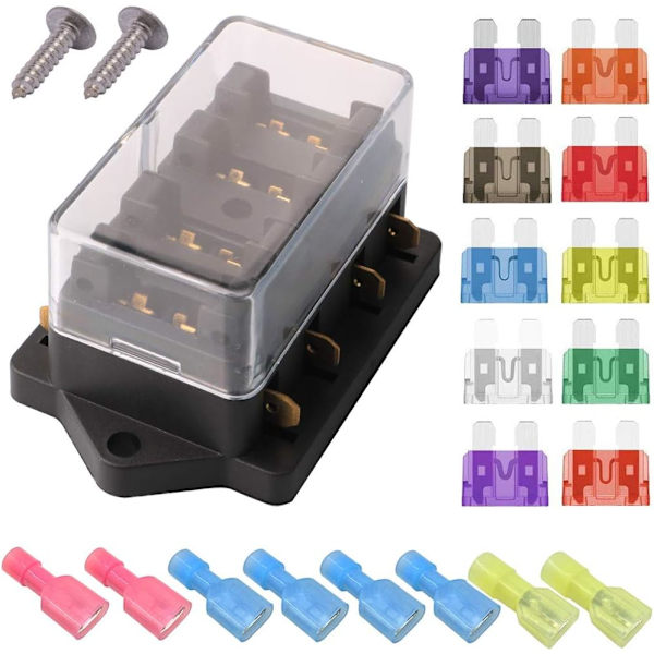 32V 40A 4-vejs standard sikringsboks, vandtæt 6,3 mm sikringsboksholder, med 10 stk. løse bladføringer (3A 5