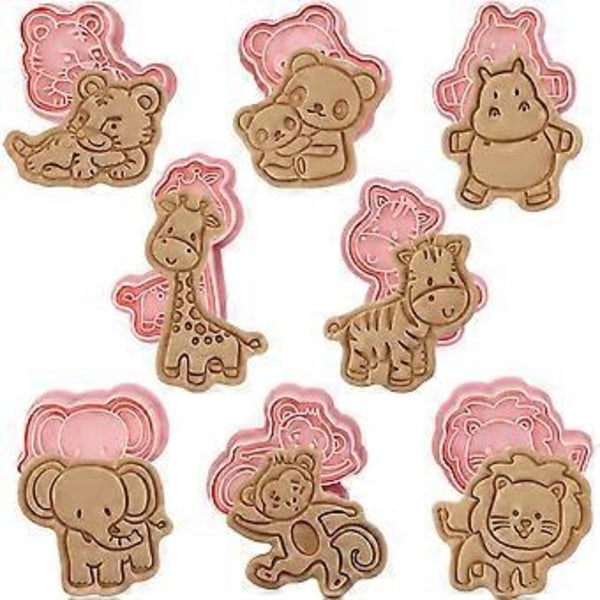 Skogsdjur 3D Kakformar med Stämplar, 8 st Cartoon Pressbara Keksformar för Godis DIY Bakning Kaktillbehör