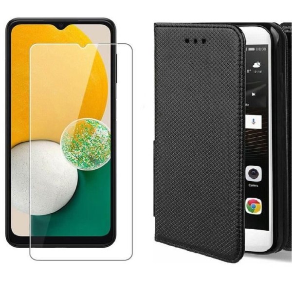 Fodral för Samsung Galaxy A14 4G / A14 5G svart + plånboksfodral i härdat glas Skyddsglas i glas
