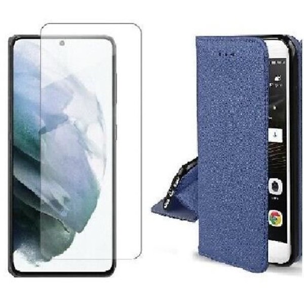Fodral för Samsung Galaxy S23 FE Marinblå + Plånboksfodral i härdat glas Skyddsglas i glas