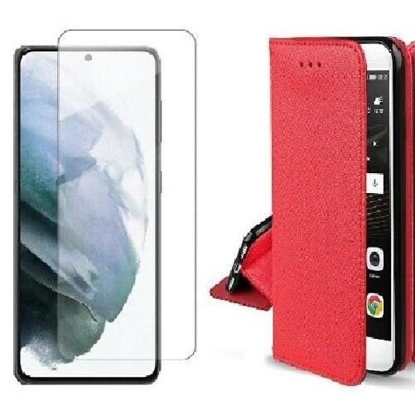 Fodral till Samsung Galaxy S23 FE Röd + Plånboksfodral i härdat glas Skyddsskydd i glas
