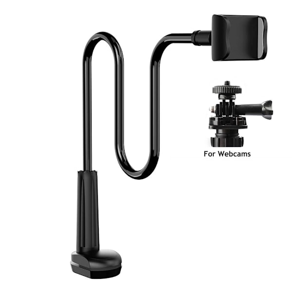 Webcam-stativ for mobiltelefon med universelle 1/4-tommers skruer, fleksibel arm, 360 graders rotasjon, skrivebords- og sengfeste, svanehals