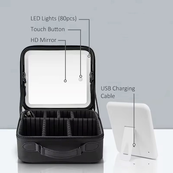 Sminkväska med LED-spegel och organiserare Black Svart