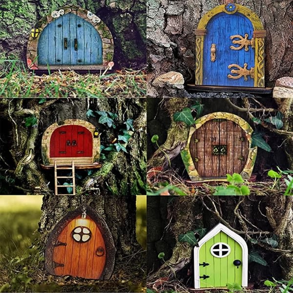 Trä Fairy Door Set - 6 deler for barnrum, hage, konst, hage