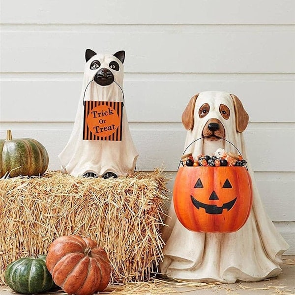 Spøkelseshund Godteriskålholder Halloween Hund Kattepynt med Godteriskål Halloween Gresskar Snackskål Stativ for Knask eller Knep Innendørs Utendørs