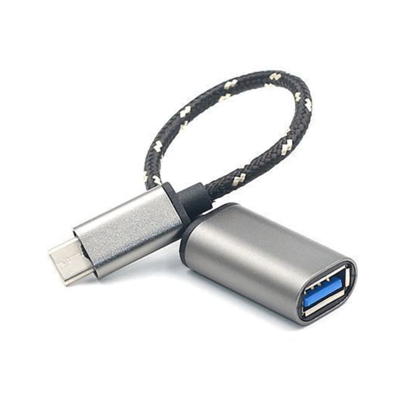 Type C OTG til USB 2.0 Adapterkabel Aluminiumslegering Nylonflettet tau Type C til USB-konverter Adapterledning Grå