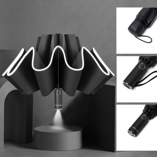 10 Forstærket Bone Reverse Automatisk Paraply Vindtæt regn- og solbeskyttende paraply til rejser, sort med LED-lys