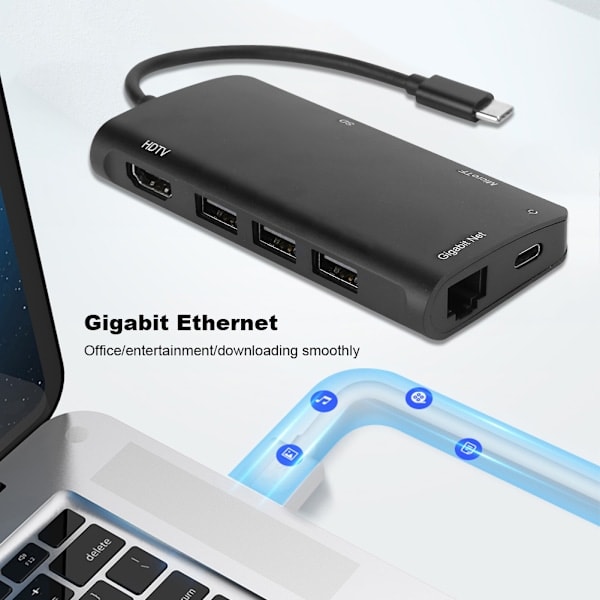 USB Hub -sovitin 3.0 Typ C - HDMI 4K 8 in 1 -telakointiasema USB‑C - RJ45 Gigabit Ethernet -porttiin 3 Splitter -portti Musta